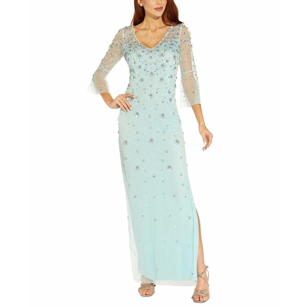 アドリアナ パペル レディース ワンピース トップス Women's Floral-Beaded Bell-Sleeve Gown Sea Glass