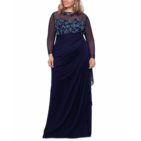 エスケープ レディース ワンピース トップス Plus Size Beaded Embroidered Gown Navy/Blue