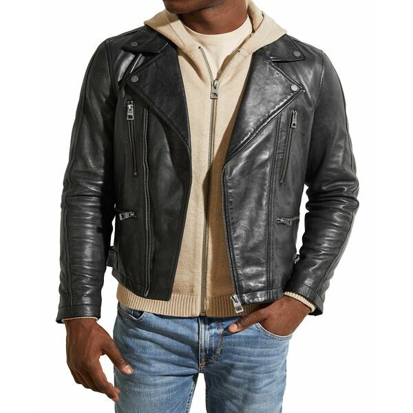 ゲス メンズ ジャケット＆ブルゾン アウター Men's Leather Biker Jacket Black