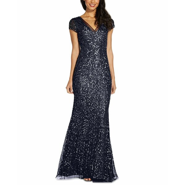 アドリアナ パペル レディース ワンピース トップス Women's Beaded Sequin Mermaid Gown Midnight