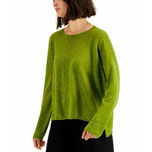 エイリーンフィッシャー レディース カットソー トップス Women's Organic Linen & Cotton Drop-Hem Top Mustard Green