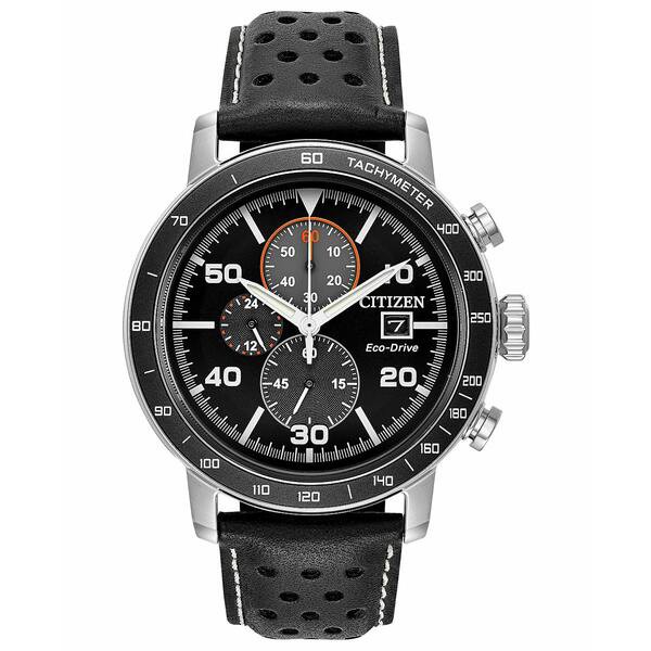 シチズン メンズ 腕時計 アクセサリー Eco-Drive Men's Chronograph Black Leather Strap Watch 44mm Black