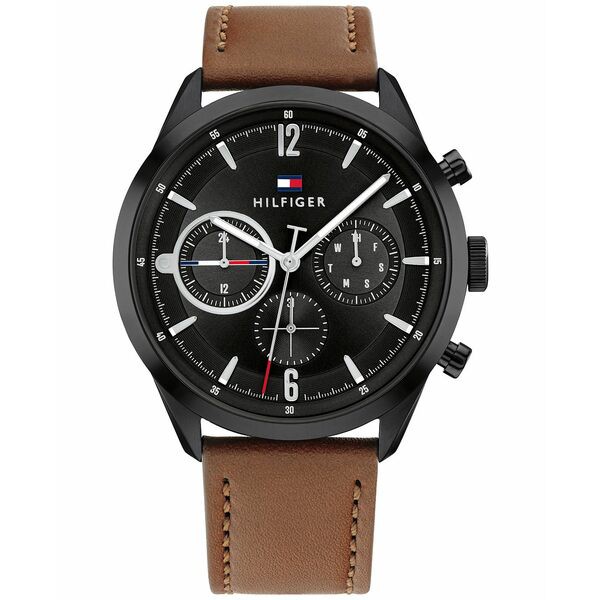 トミー ヒルフィガー メンズ 腕時計 アクセサリー Men's Brown Leather Strap Watch 44mm Brown