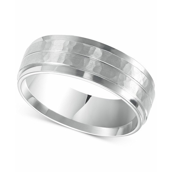 トライトン メンズ リング アクセサリー Men's Hammered and Brush Finish Wedding Band in 14k White Gold White Gold