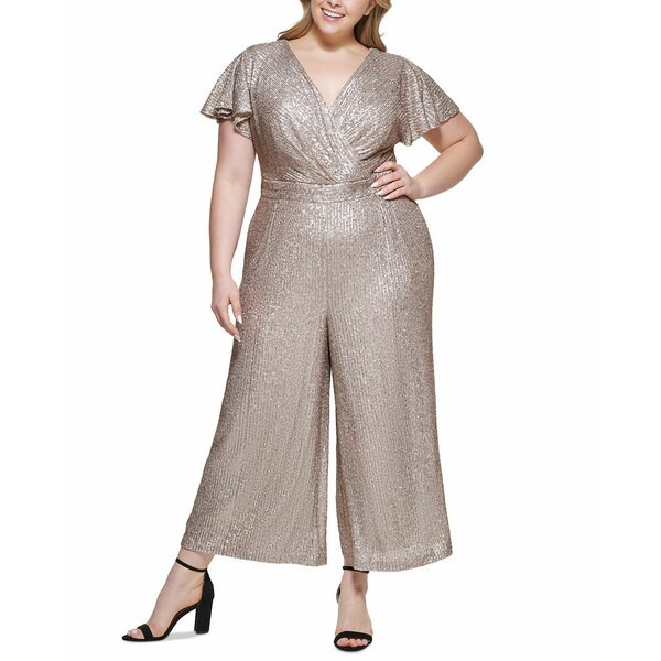 エリザジェイ レディース ワンピース トップス Plus Size Flutter-Sleeve Wide-Leg Jumpsuit Taupe