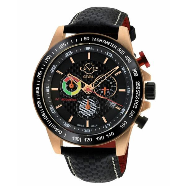 ジェビル メンズ 腕時計 アクセサリー GV2 Men's Scuderia Black Leather Swiss Quartz Strap Watch 45 mm Rose Gold-Tone