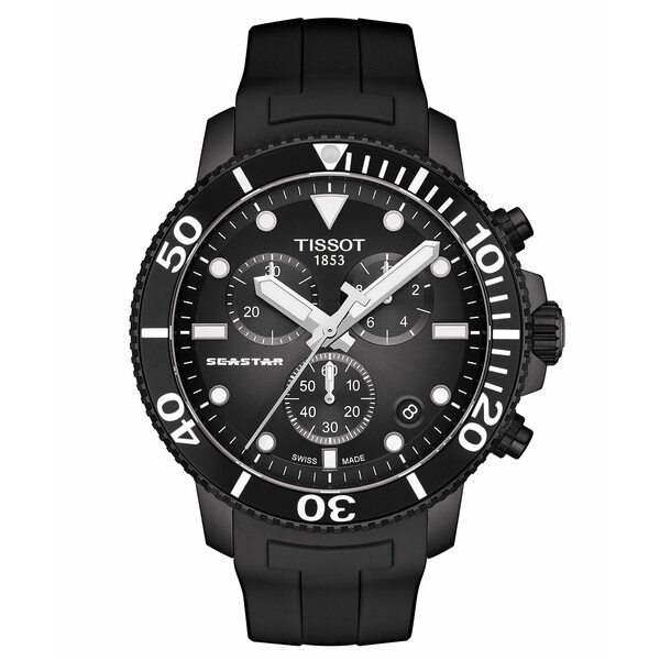 ティソット メンズ 腕時計 アクセサリー Men's Swiss Chronograph SeaStar Black Rubber Strap Diver Watch 45.5mm Black