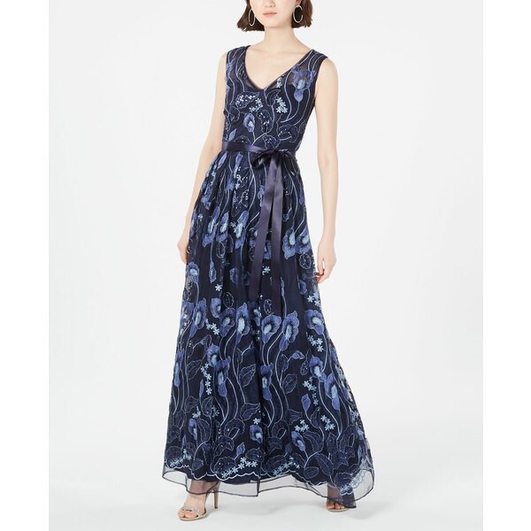 アールアンドエムリチャーズ レディース ワンピース トップス Petite Embroidered Embellished Gown Navy