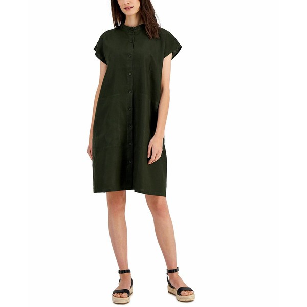 エイリーンフィッシャー レディース ワンピース トップス Women's Organic Linen Mandarin-Collar Cap-Sleeve Dress Seaweed