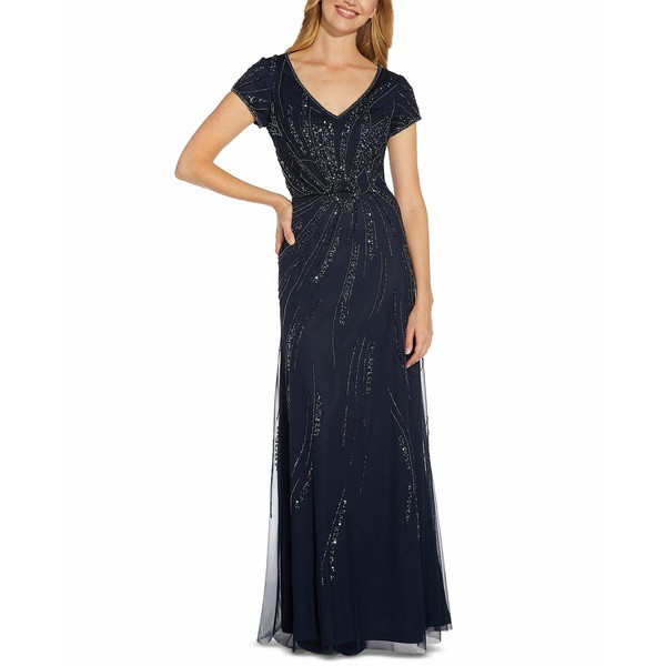 アドリアナ パペル レディース ワンピース トップス Beaded V-Neck Short-Sleeve Gown Midnight