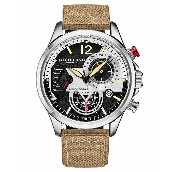 スターリング メンズ 腕時計 アクセサリー Men's Chronograph Beige Genuine Fabric Covered Leather Strap Watch 45mm Black