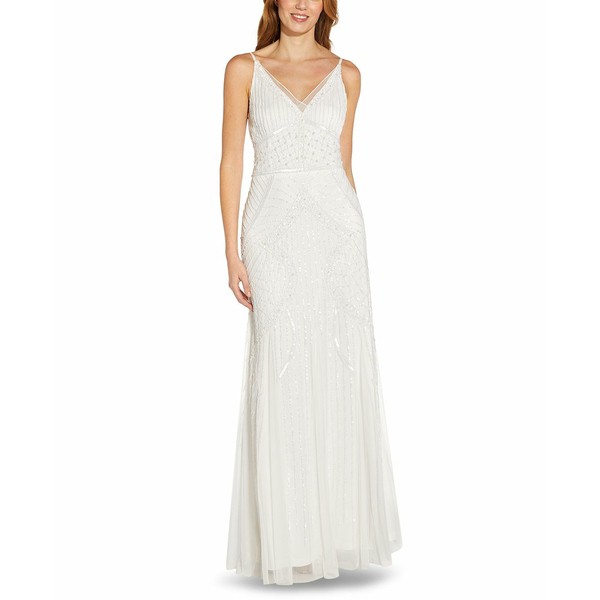 アドリアナ パペル レディース ワンピース トップス V-Neck Beaded Gown Ivory