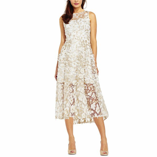 アドリアナ パペル レディース ワンピース トップス Floral-Appliqués Midi Dress Ivory/Gold