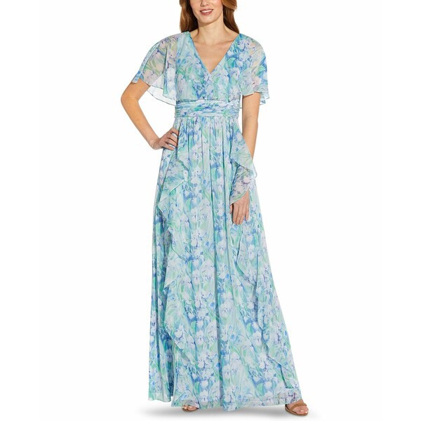 アドリアナ パペル レディース ワンピース トップス Floral-Print Chiffon Gown Blue Multi