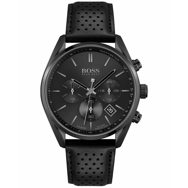 ボス メンズ 腕時計 アクセサリー Men's Chronograph Champion Black Perforated Leather Strap Watch 44mm Black