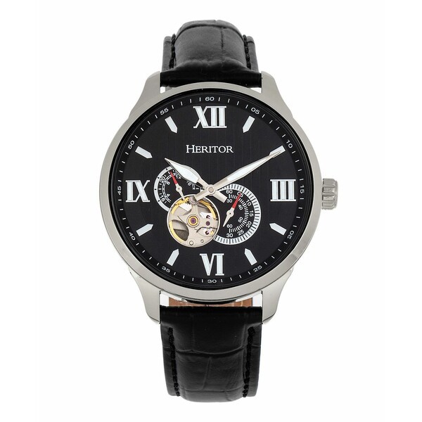 ヘリトール レディース 腕時計 アクセサリー Women's Automatic Harding Semi Skeleton Black Genuine Leather Band Watch, 47mm Silver-