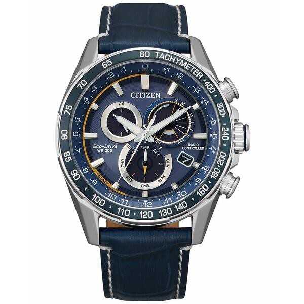 シチズン メンズ 腕時計 アクセサリー Eco-Drive Men's Chronograph PCAT Blue Leather Strap Watch 43mm Silver