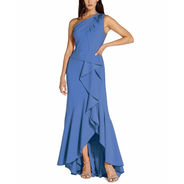 アドリアナ パペル レディース ワンピース トップス One-Shoulder Beaded Ruffled Gown Ocean Blue