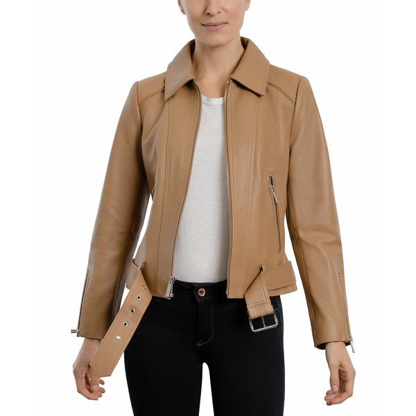 マイケルコース レディース ジャケット＆ブルゾン アウター Women's Belted Leather Moto Jacket Dark Camel