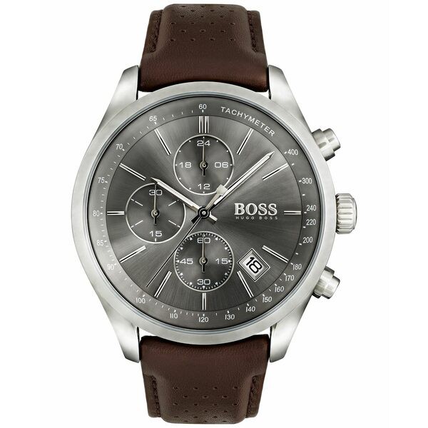 ボス メンズ 腕時計 アクセサリー Hugo Boss Men's Chronograph Grand Prix Brown Leather Strap Watch 44mm 1513476 Brown