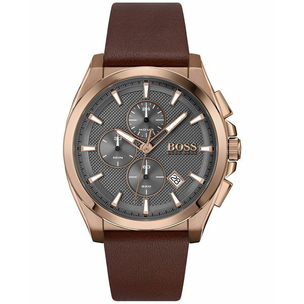 ボス メンズ 腕時計 アクセサリー Men's Chronograph Grandmaster Brown Leather Strap Watch 46mm Rose Gold