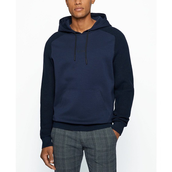 ヒューゴボス メンズ ニット&セーター アウター BOSS Men's Hybrid Hooded Relaxed-Fit Sweater Dark Blue