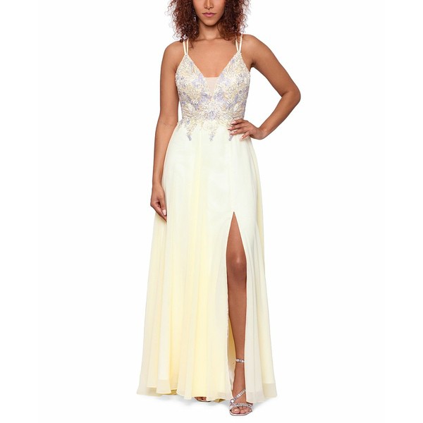 エスケープ レディース ワンピース トップス Embroidered-Top Strappy-Back Gown Yellow Silver