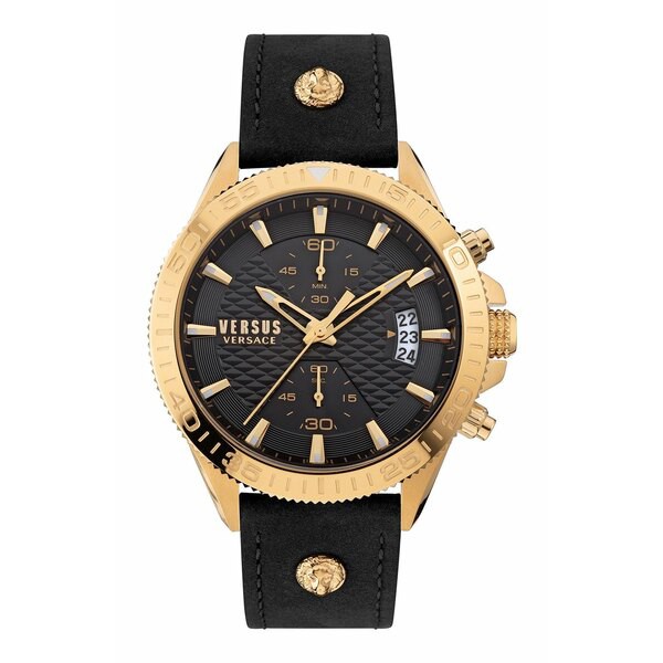 ヴェルサス ヴェルサーチ メンズ 腕時計 アクセサリー Versus by Versace Men's Griffith Black Leather Strap Watch 46mm Gold