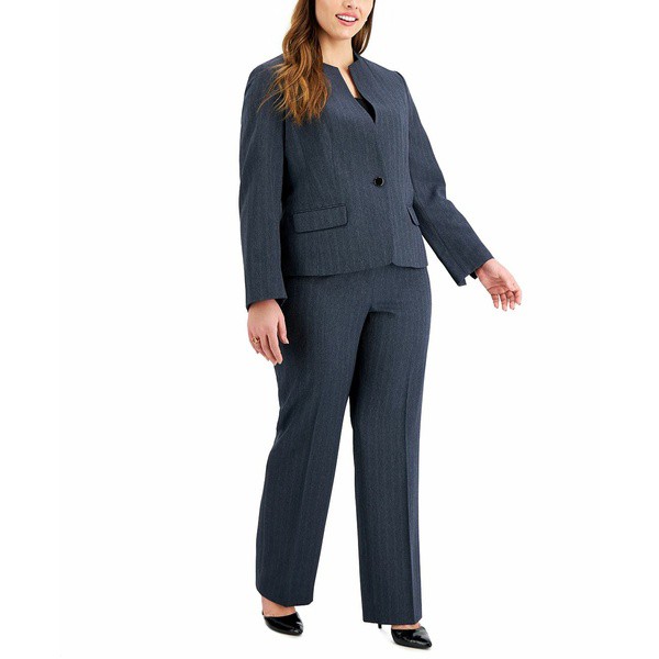 ル スーツ レディース カジュアルパンツ ボトムス Plus Size One-Button Collarless Straight-Leg Pantsuit Denim Blue