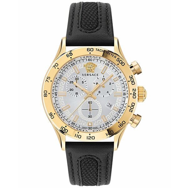 ヴェルサーチ メンズ 腕時計 アクセサリー Men's Swiss Chronograph Hellenyium Black Leather Strap Watch 44mm Ip Yellow Gold