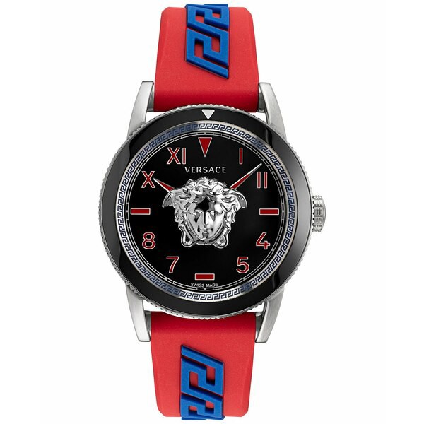 ヴェルサーチ メンズ 腕時計 アクセサリー Men's Swiss V-Palazzo Red Logo Silicone Strap Watch 43mm Stainless Steel