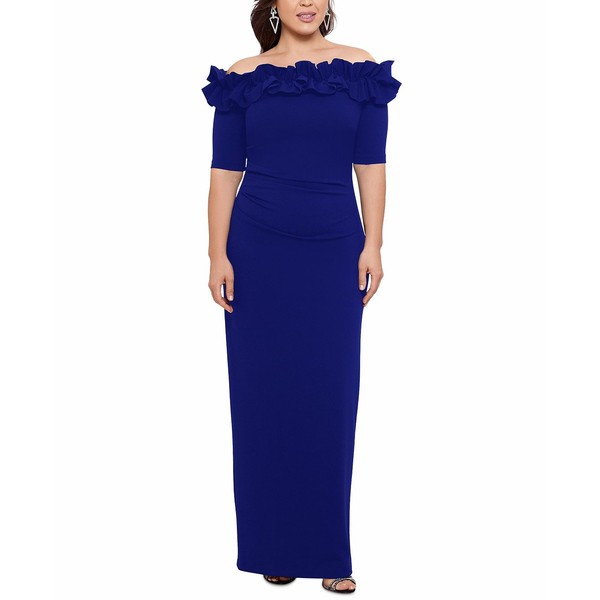 エスケープ レディース ワンピース トップス Plus Size Ruffled Off-The-Shoulder Gown Marine