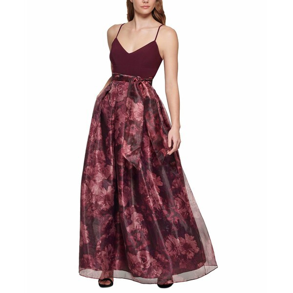 エリザジェイ レディース ワンピース トップス Women's Floral-Print Ball Gown Wine