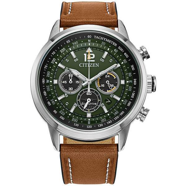 シチズン メンズ 腕時計 アクセサリー Eco-Drive Men's Chronograph Avion Brown Leather Strap Watch 44mm Brown