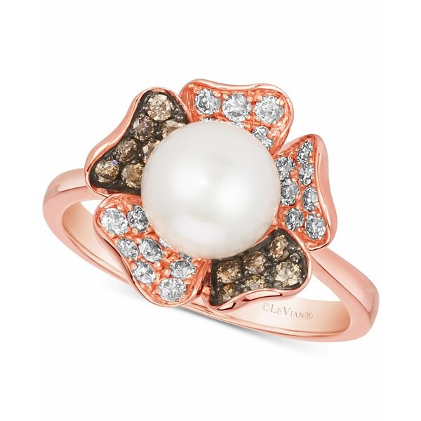 ルヴァン レディース リング アクセサリー Vanilla Pearl (8mm) & Diamond (1/2 ct. t.w.) Flower Ring in 14k Rose Gold Rose Gold