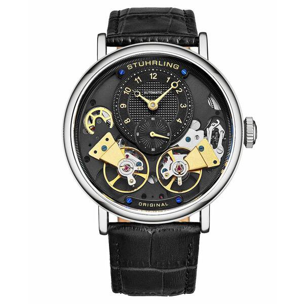 スターリング メンズ 腕時計 アクセサリー Men's Automatic Black Alligator Embossed Genuine Leather Strap Watch 43mm Black