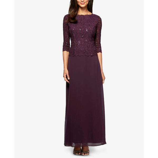 アレックスイブニングス レディース ワンピース トップス Petite Sequin Lace Gown Deep Plum