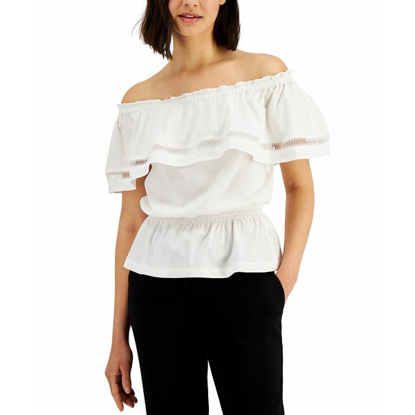 ダナキャラン レディース カットソー トップス Convertible-Neckline Ruffled Top White