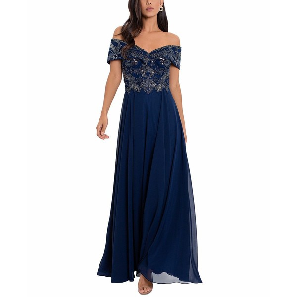 エスケープ レディース ワンピース トップス Beaded Off-The-Shoulder Gown Navy