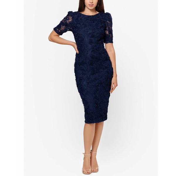 エスケープ レディース ワンピース トップス Puff-Lace-Sleeve Sheath Dress Navy Blue