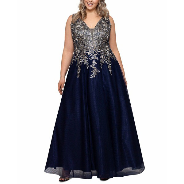 エスケープ レディース ワンピース トップス Plus Size Embroidered Ball Gown Navy/Gold