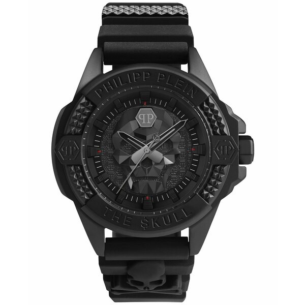 フィリッププレイン メンズ 腕時計 アクセサリー Men's The Skull Black Guilloché Silicone Strap Watch 44mm Black