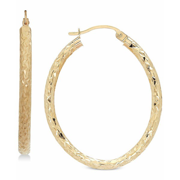 イタリアン ゴールド レディース ピアス＆イヤリング アクセサリー Textured Oval Hoop Earrings in 14k Gold, 1-3/8 inch Yellow Gold