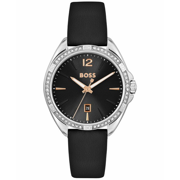 ボス レディース 腕時計 アクセサリー Felina Women's Black Leather Strap Watch 30.2mm Silver