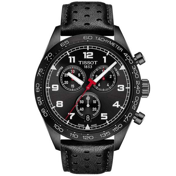 ティソット メンズ 腕時計 アクセサリー Men's Swiss Chronograph PRS 516 Black Perforated Leather Strap Watch 45mm Black