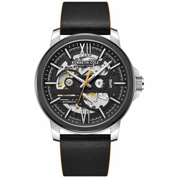 ケネスコール メンズ 腕時計 アクセサリー Men's Automatic Black Leather Strap Watch 44mm Black