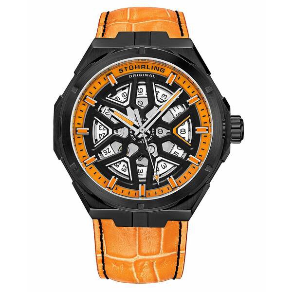 スターリング メンズ 腕時計 アクセサリー Men's Automatic Orange Alligator Embossed Genuine Leather Strap with Black Stitching Wat