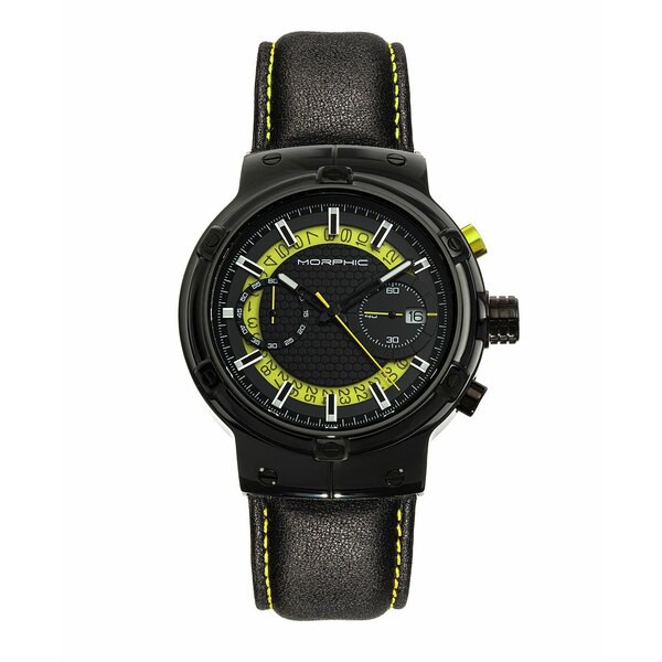 モルフィック レディース 腕時計 アクセサリー Women's M91 Series Black Genuine Leather Band Chronograph Watch, 45mm Black, Yellow