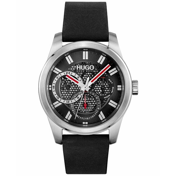 フューゴ メンズ 腕時計 アクセサリー Men's #Skeleton Black Leather Strap Watch 44mm Silver