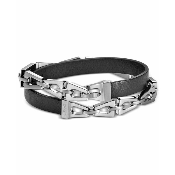 ブロバ メンズ ブレスレット・バングル・アンクレット アクセサリー Men's Black Leather and Tuning-Fork Link Wrap Bracelet in Stainl